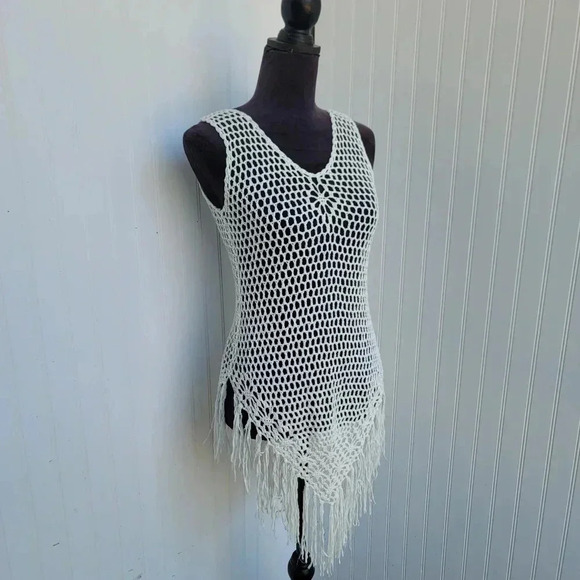 White Cotton Blend Crochet Fishnet Fringe Sleeveless Sweater Top Sweater Sz S/M - Picture 7 of 10